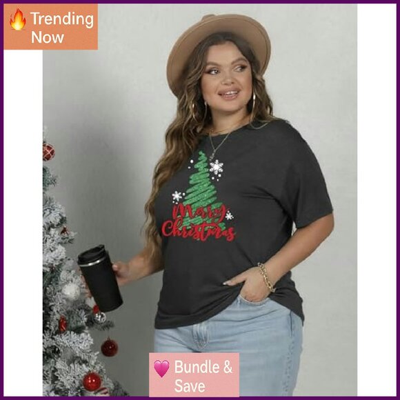 Plus Size Christmas Graphic Tee Short Sleeve Cotton Spandex Top Holiday Party - Picture 4 of 6